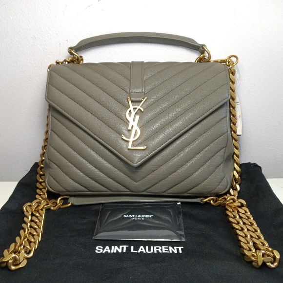 NEW SAINT LAURENT COLLEGE MEDIUM CHAIN BAG IN QUILTED LEATHER GREY GOLD - Picture 3 of 16